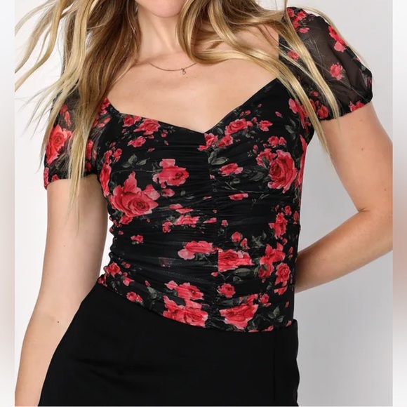 Lulus Irresistible Cutie Black Floral Ruched Puff Sleeve Bodysuit - Picture 1 of 6